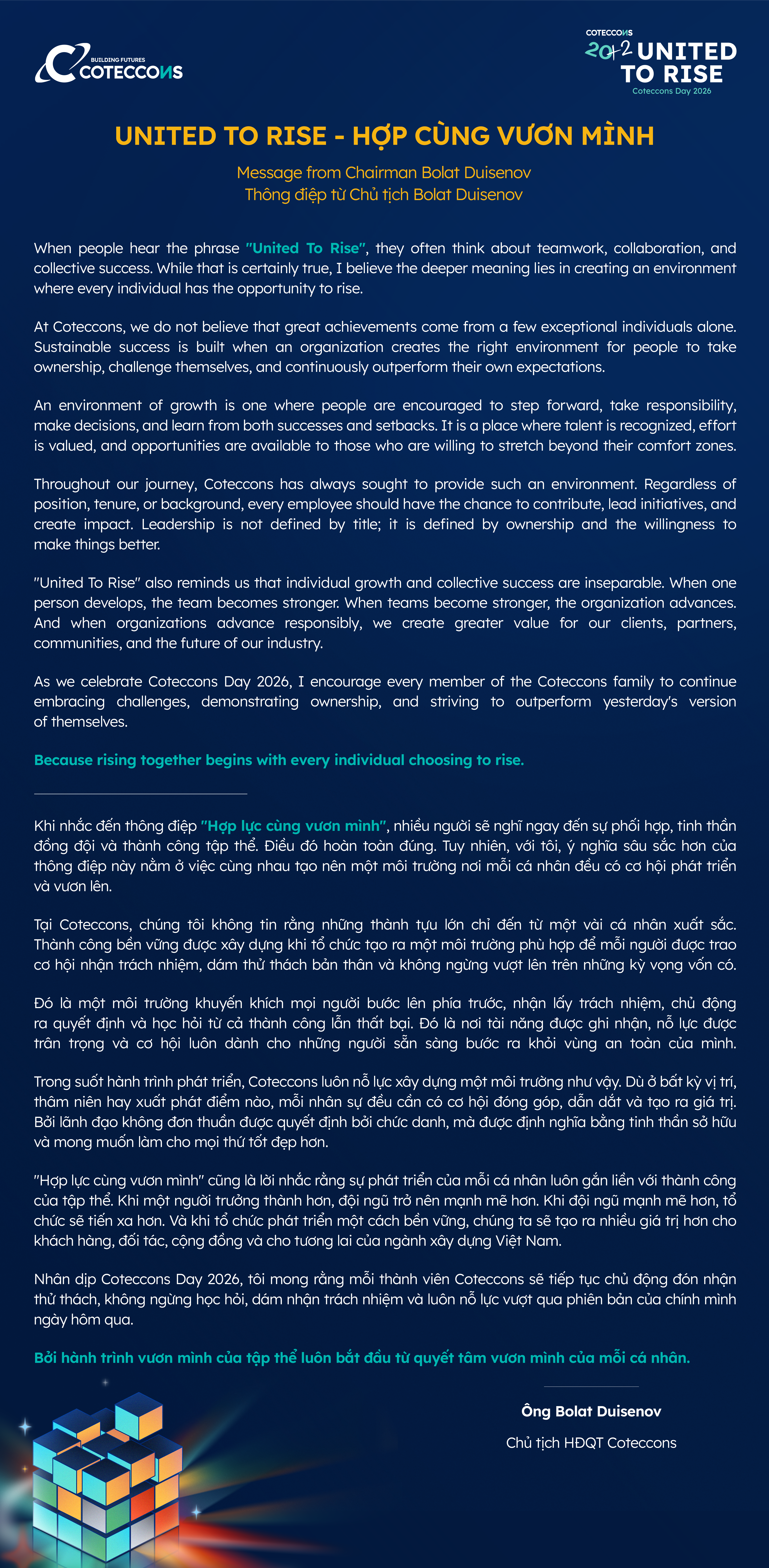 MESSAGE FROM CHAIRMAN BOLAT DUISENOV ABOUT COTECCONS 20+2 | UNITED TO RISE