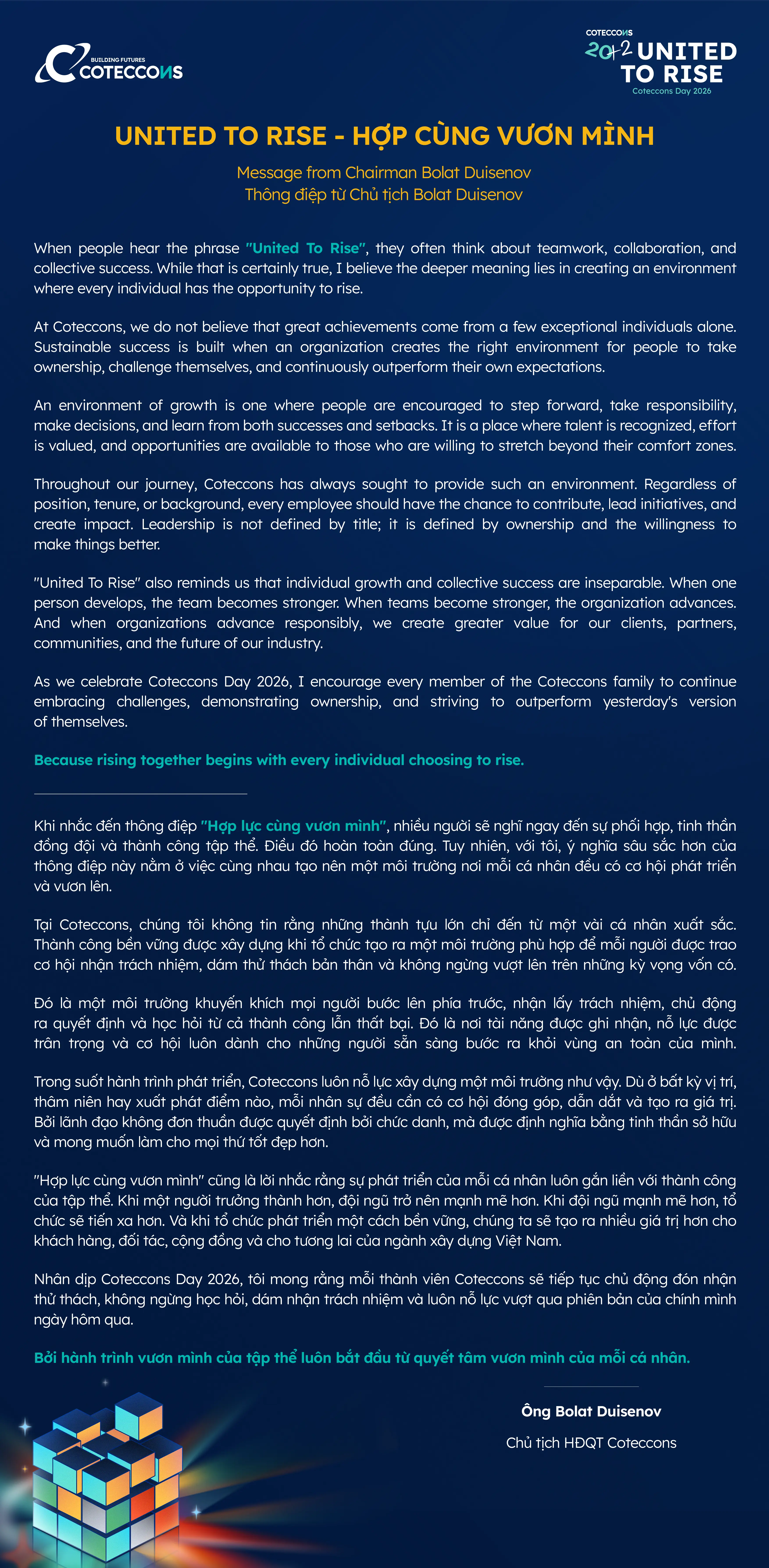 MESSAGE FROM CHAIRMAN BOLAT DUISENOV ABOUT COTECCONS 20+2 | UNITED TO RISE