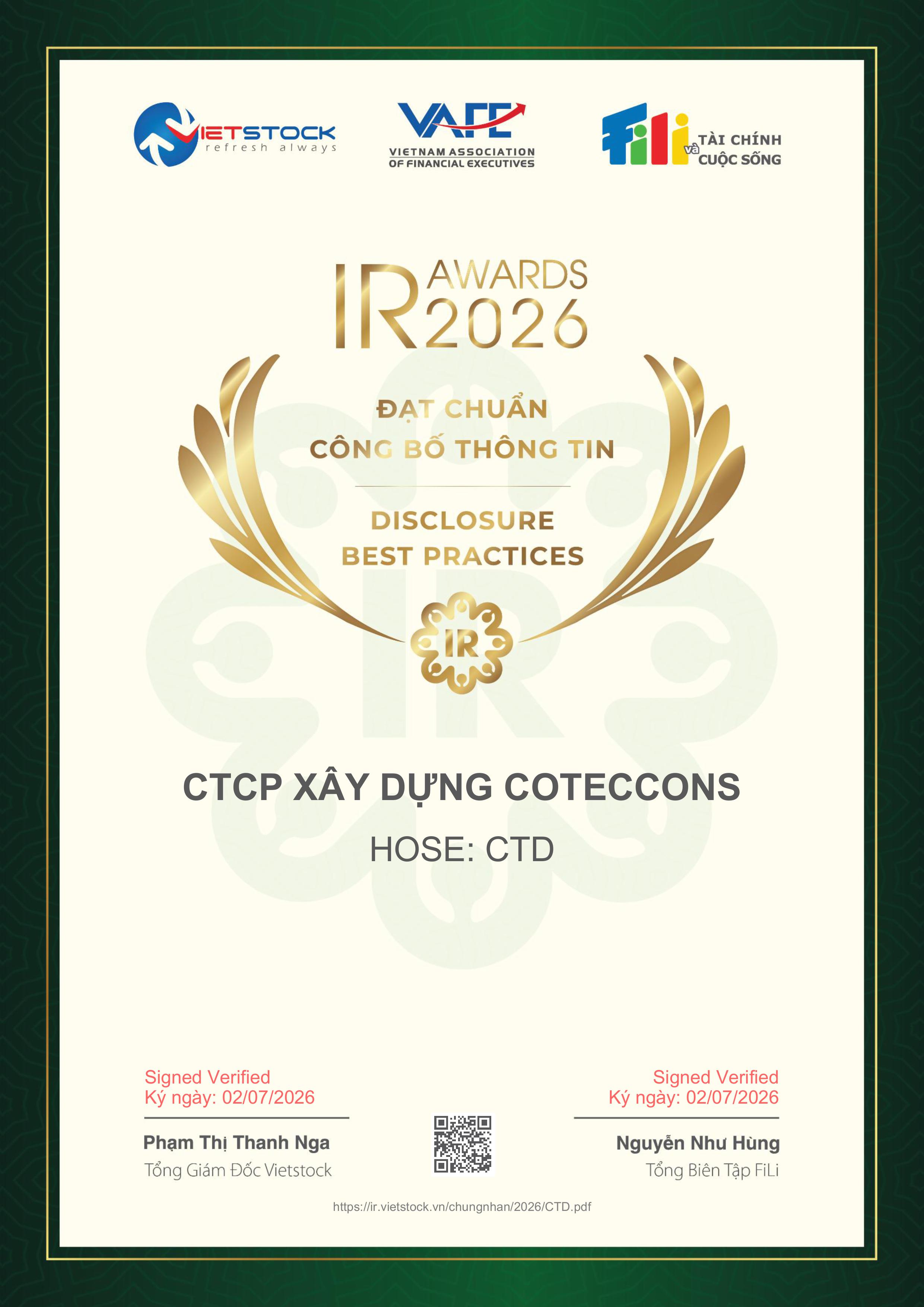 COTECCONS ACHIEVES INFORMATION DISCLOSURE STANDARDS FOR THE SIXTH CONSECUTIVE YEAR