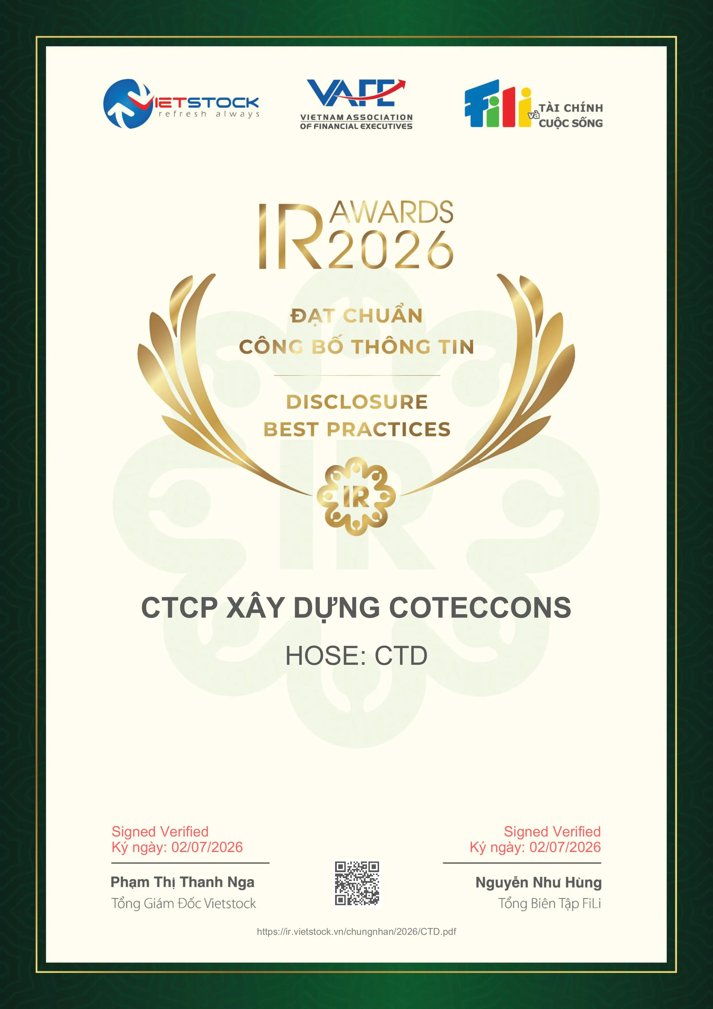 COTECCONS ACHIEVES INFORMATION DISCLOSURE STANDARDS FOR THE SIXTH CONSECUTIVE YEAR